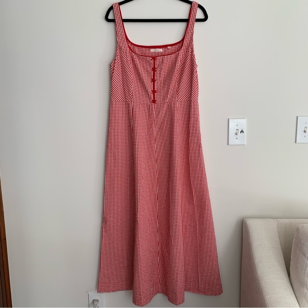 Doen Delaney Cotton Bow A Line Midi Maxi Dress Red Rouje La Maddalena Gingham - Picture 8 of 15